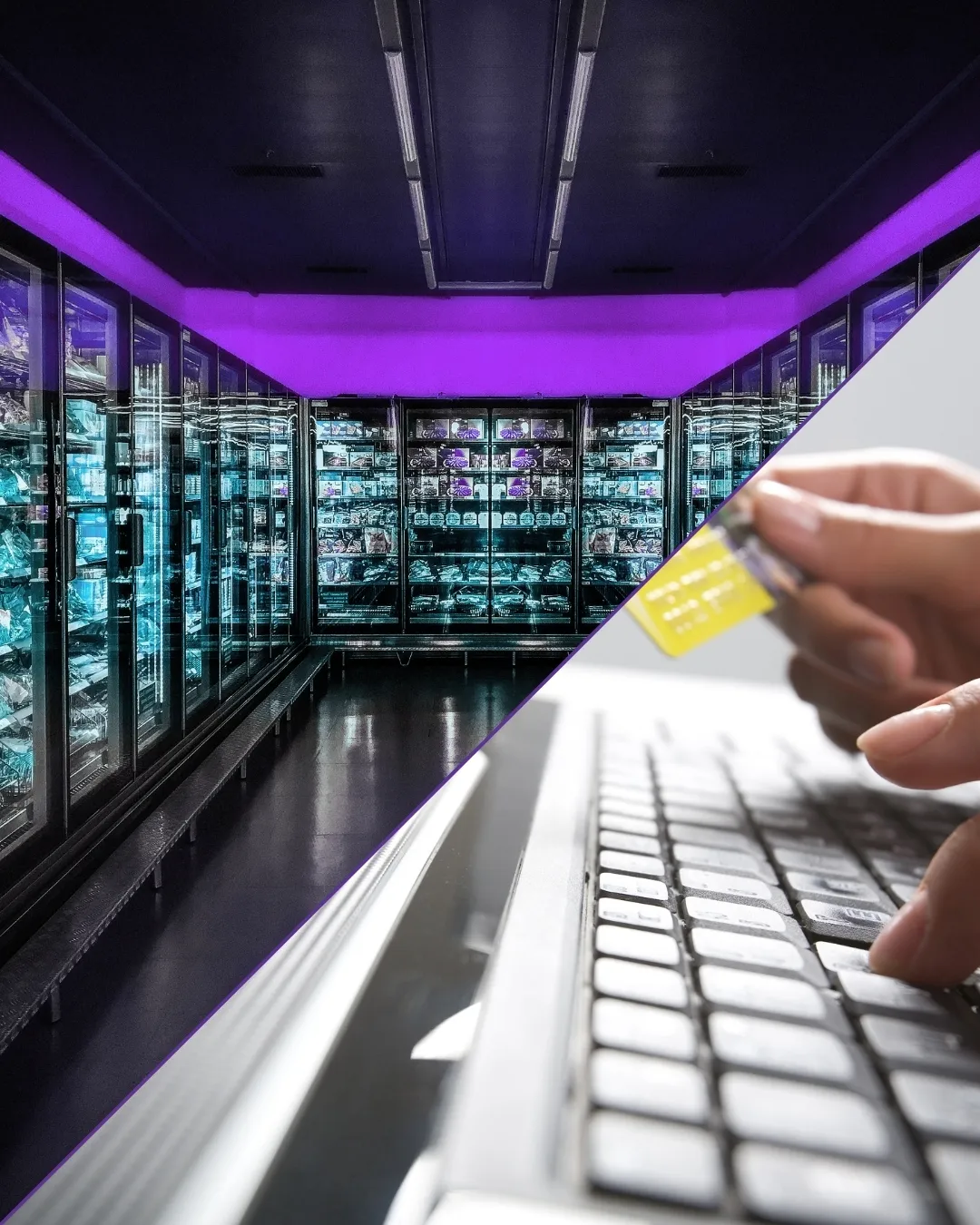 Person holding yellow credit card in front of refrigerated display cases with purple neon lighting in modern convenience store or supermarket aisle