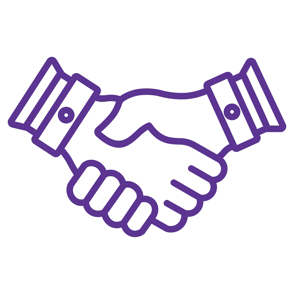 Purple line icon of two hands shaking in a handshake gesture, representing partnership, agreement, collaboration, or business deal