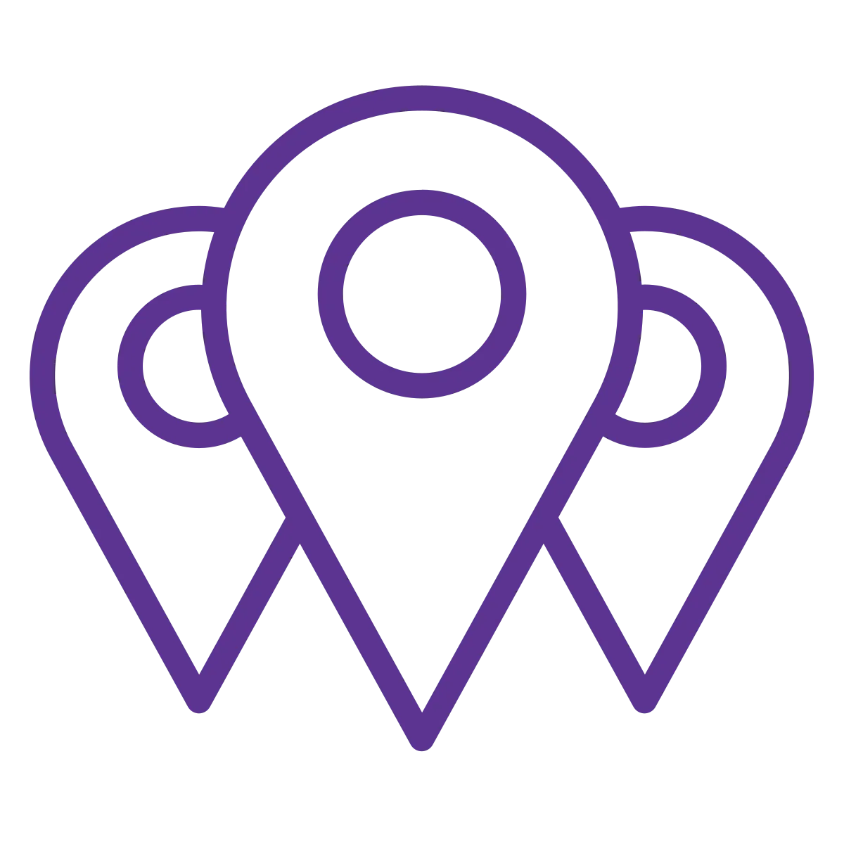 Purple line icon showing three stylized human figures standing together with arms raised, representing community, teamwork, collaboration, or group support