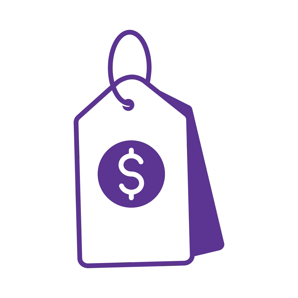 Purple icon of a price tag with a dollar sign symbol, representing pricing, discounts, or cost information
