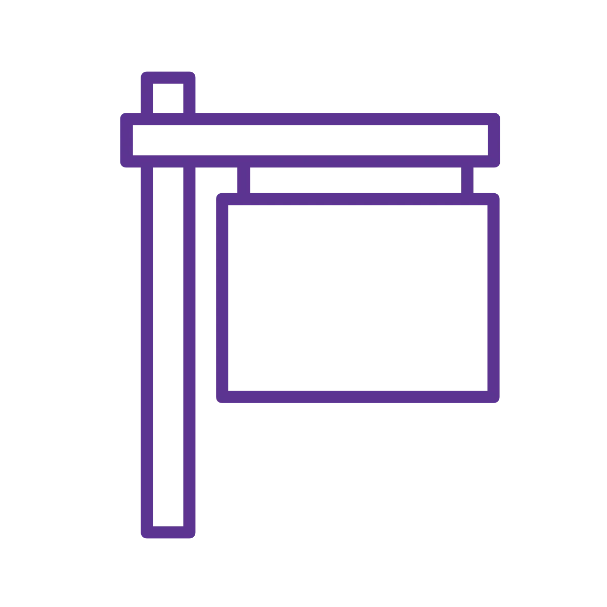 Purple outline icon of a real estate sign with a rectangular board on top and a vertical post, commonly used to represent property listings or real estate services