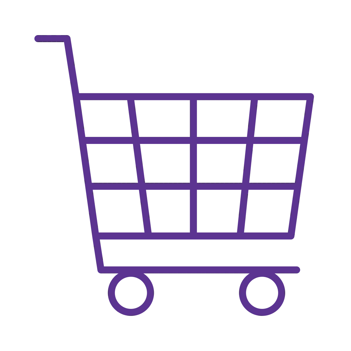 Purple line icon of a shopping cart with gridded basket, handle, and two wheels