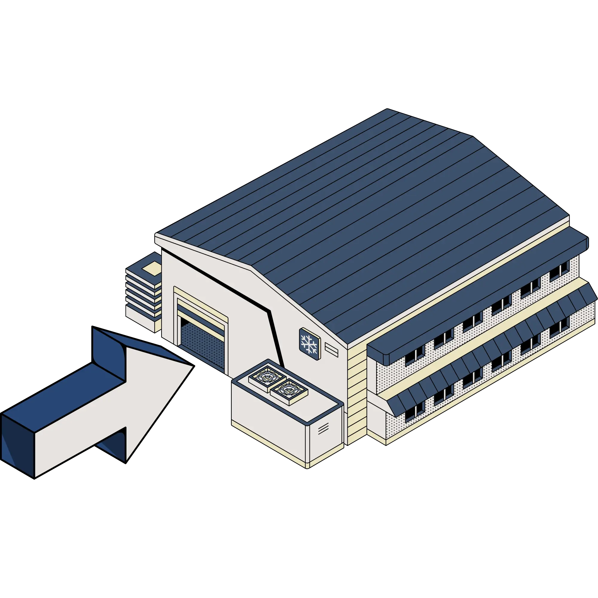 Isometric illustration of a warehouse building with a large arrow pointing towards it, highlighting aspects of logistics and storage.
