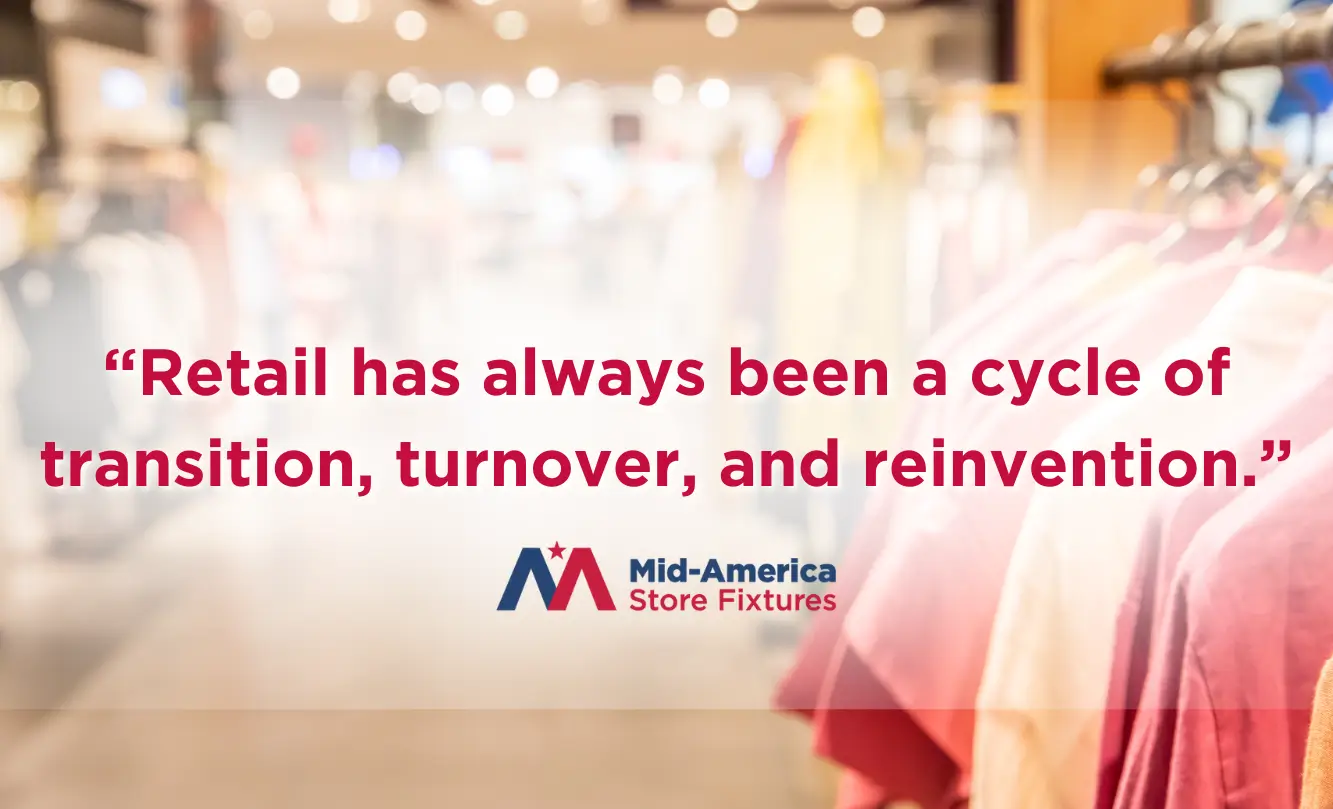 Quote reads: 'Retail has always been a cycle of transition, turnover, and reinvention.' Overlaid on a blurred image of clothing racks and shelves in a store.
