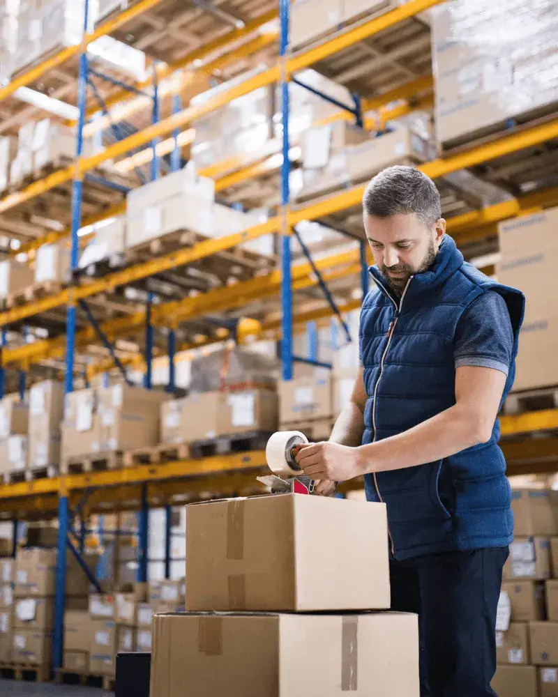 A worker in a warehouse wearing a blue vest using tape to seal cardboard boxes, surrounded by shelves stocked with packed inventory.