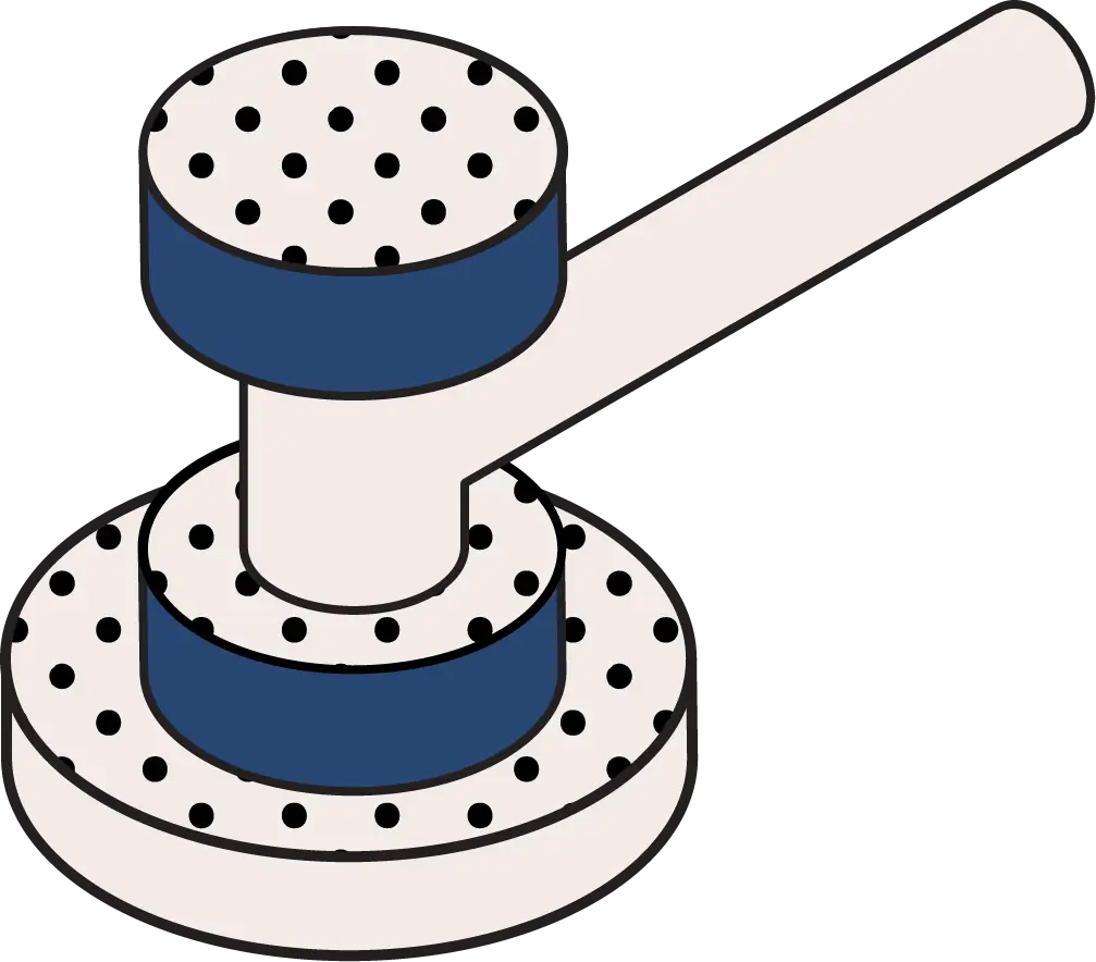 Illustration of a gavel with a handle and base, decorated with blue sections and black polka dots.