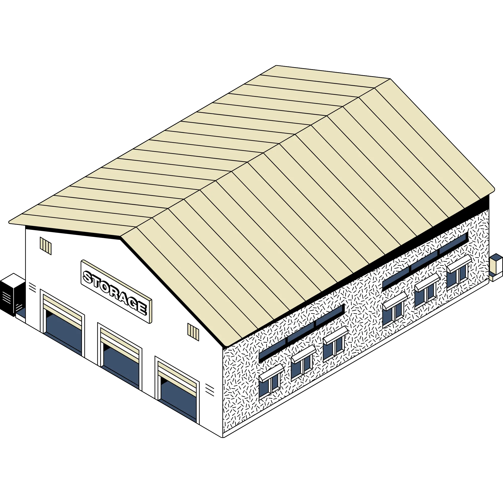 Isometric illustration of a storage building with a beige roof and labeled 'STORAGE' on the front.