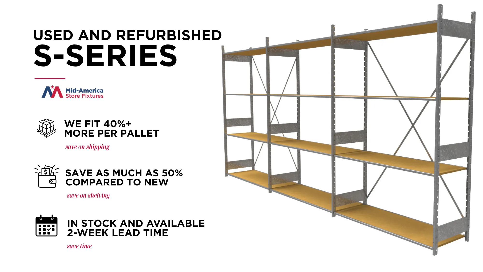 Used and refurbished S-Series industrial shelving unit from Mid-America Store Fixtures. Gray metal frame with wooden shelves, demonstrating space-efficient storage with text highlighting 40% more capacity per pallet, up to 50% savings compared to new, and