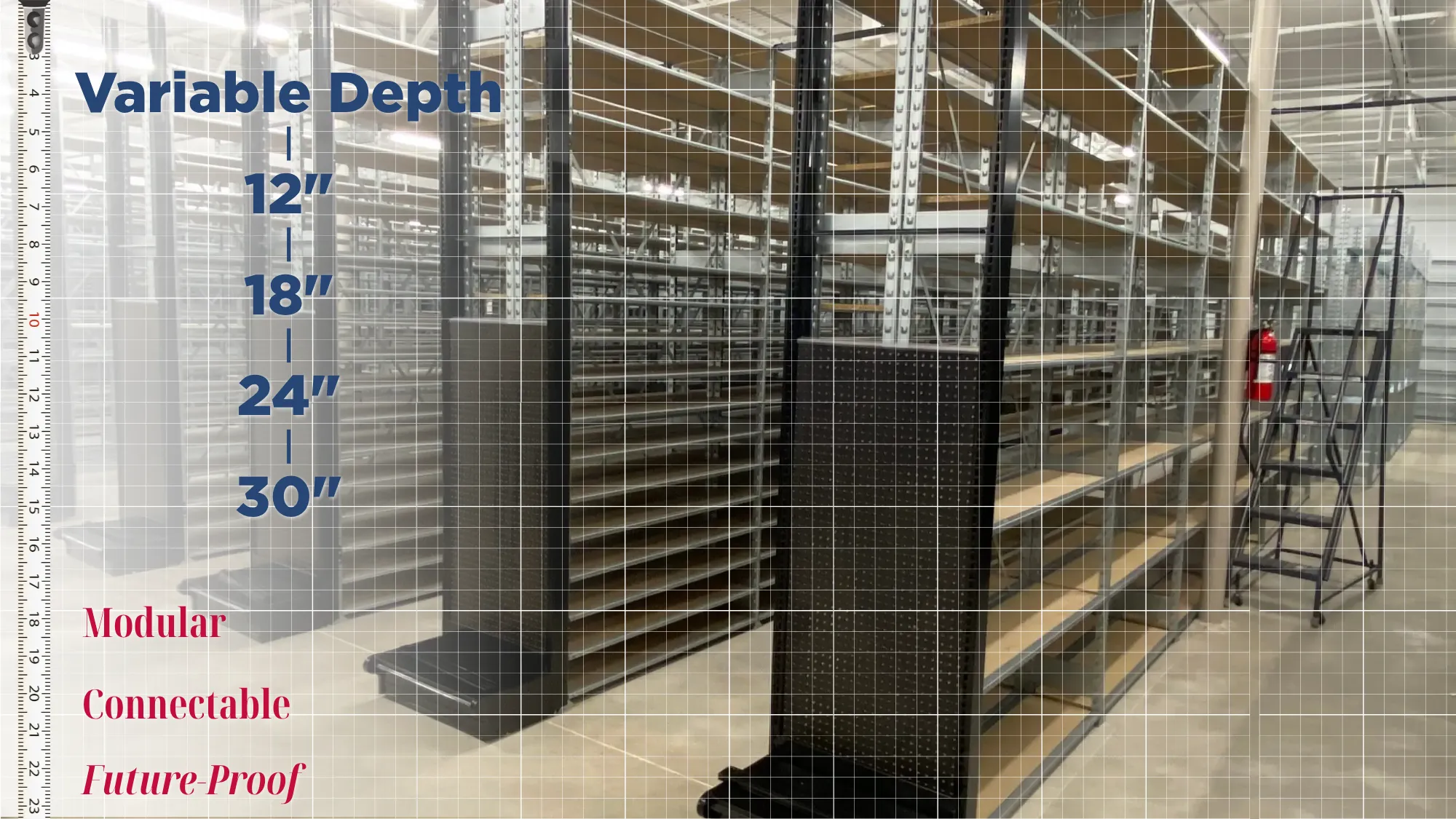 Industrial shelving unit with variable depth options ranging from 12 to 30 inches, labeled as modular, connectable, and future-proof. Metal frame structure with multiple tiers visible in warehouse setting.