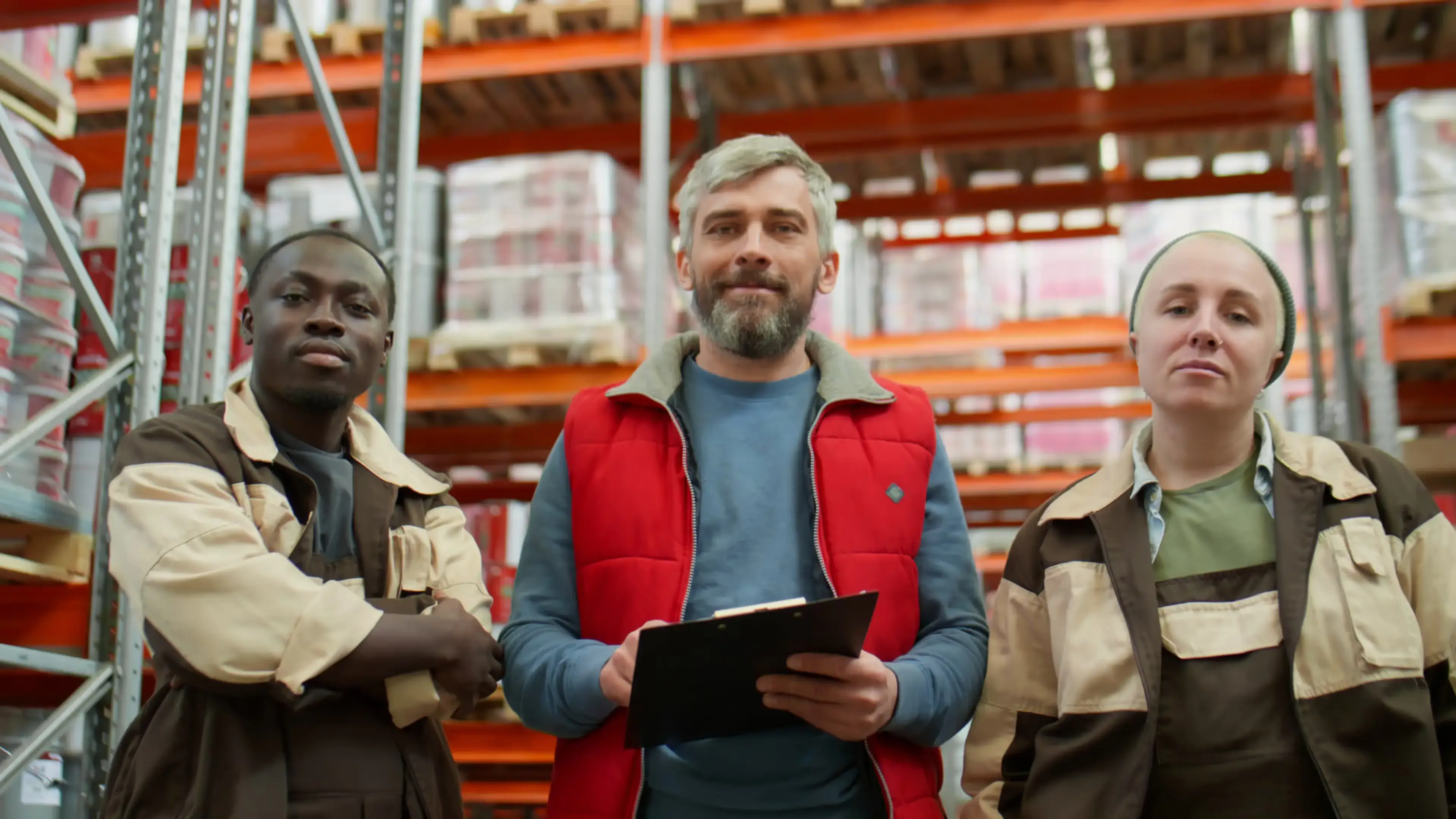 Three warehouse employees standing in front of shelving, one holding a clipboard.