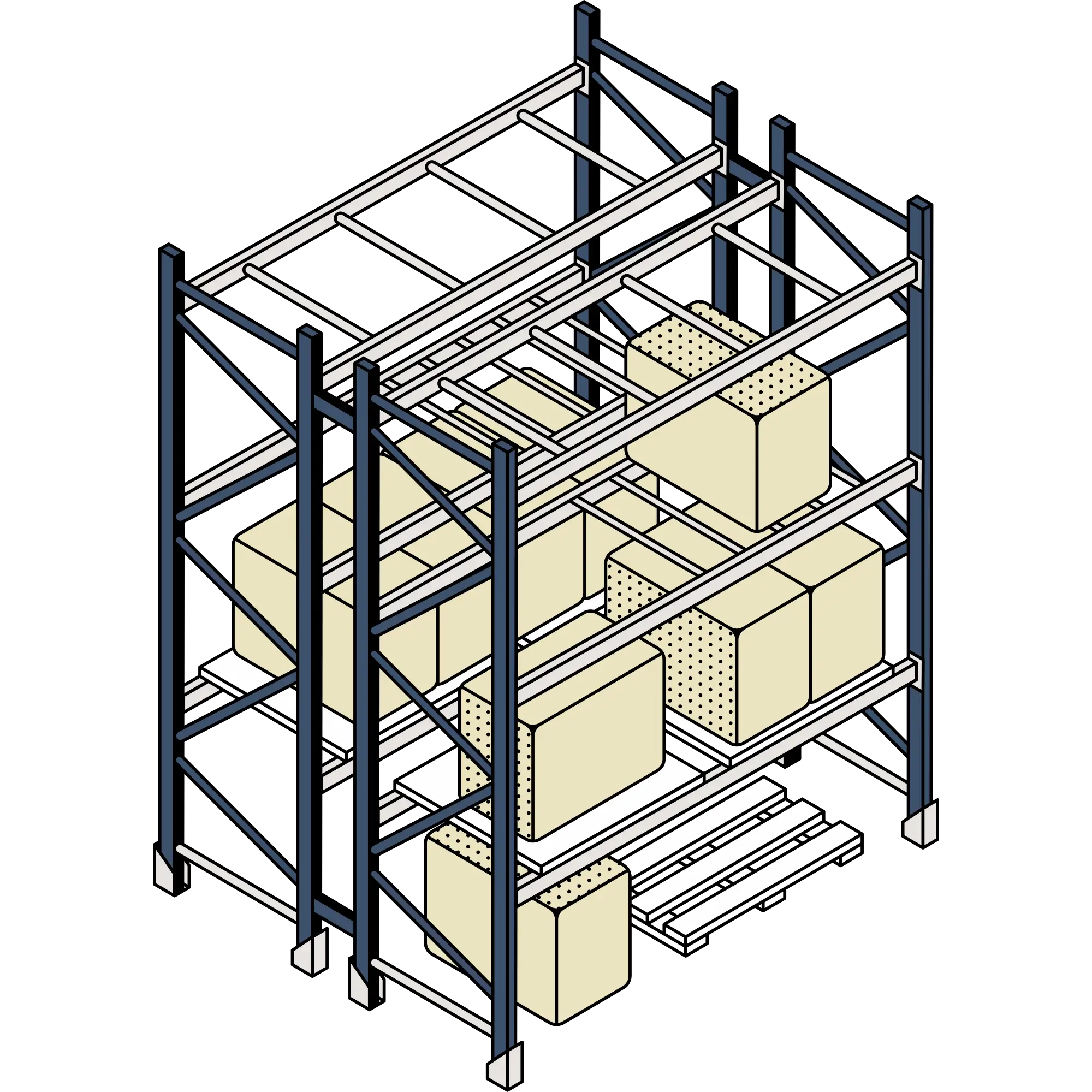 Illustration of a warehouse shelving unit with boxes and pallets.