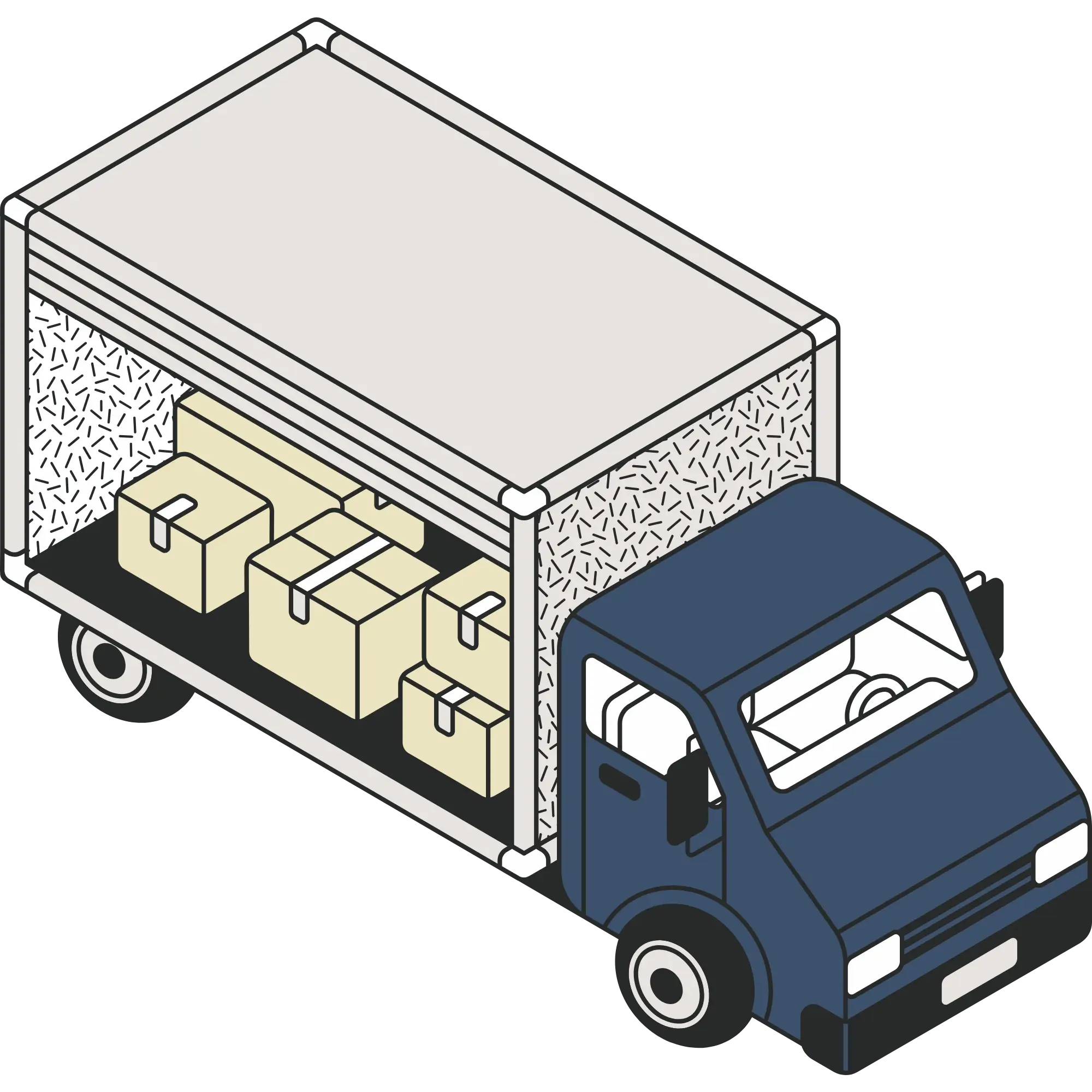 Isometric illustration of a delivery truck with an open cargo area filled with boxes.