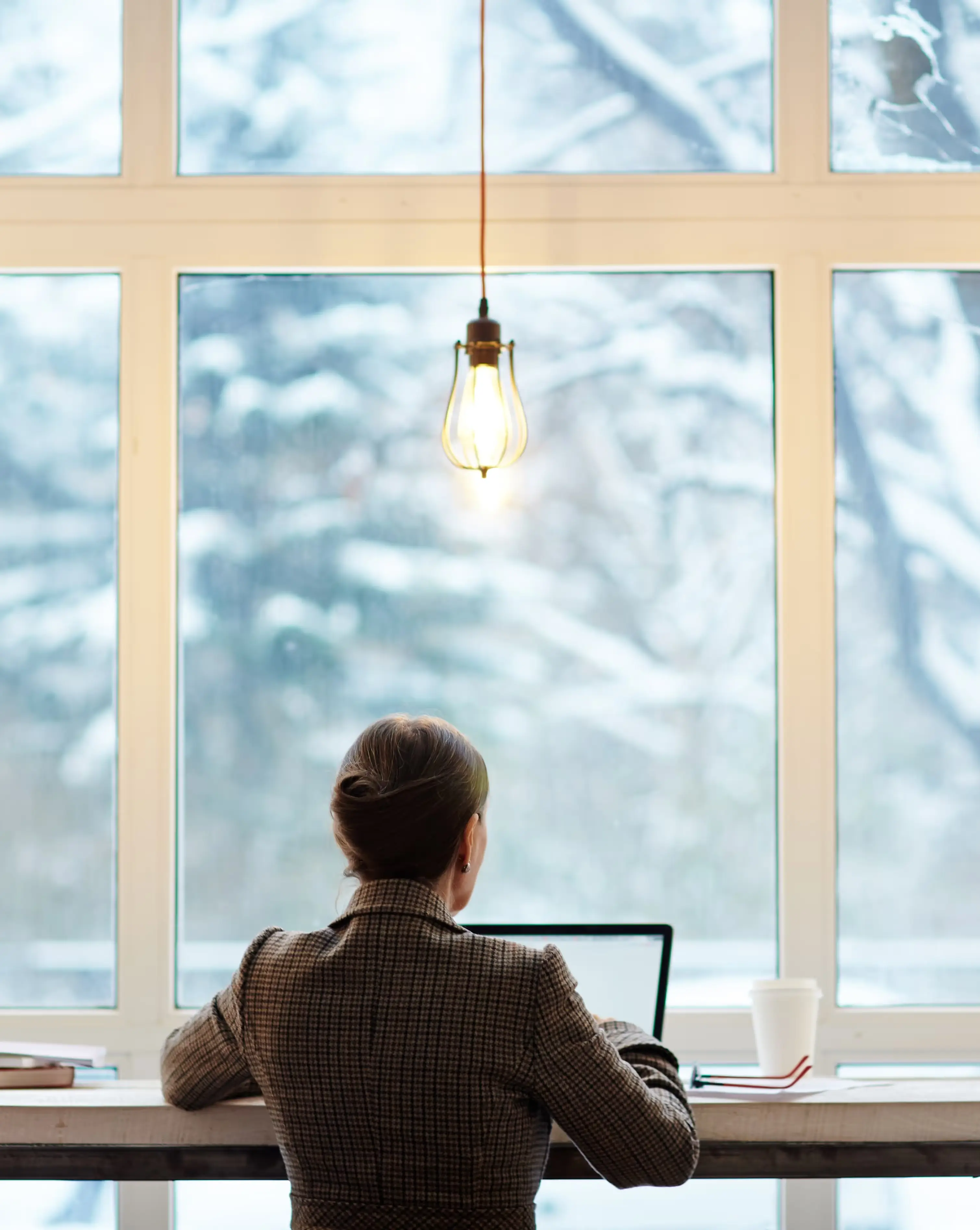 A smartly dressed business owner shops on her laptop for retail equipment, with a cup of coffee and planner on her desk, which overlooks a wintry scene. An ambient lightbulb illuminates her office.