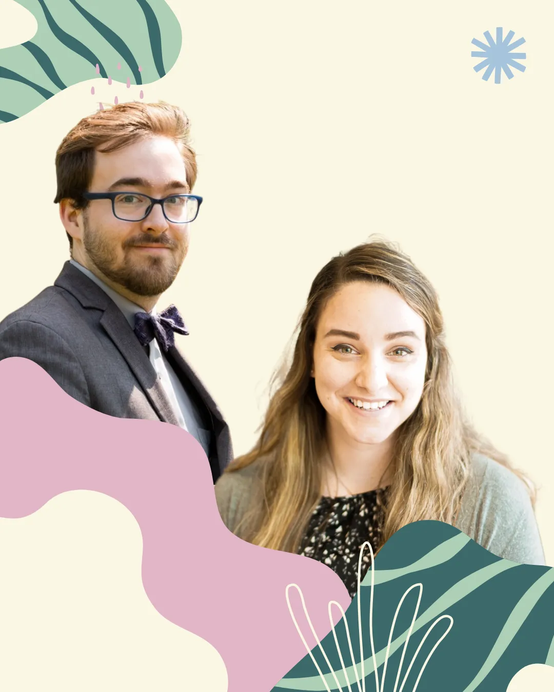 Professional portrait of a man wearing glasses and a dark suit with purple bow tie, and a woman in a gray cardigan smiling at the camera, set against a cream background with decorative botanical and geometric design elements in pink, teal, and blue.