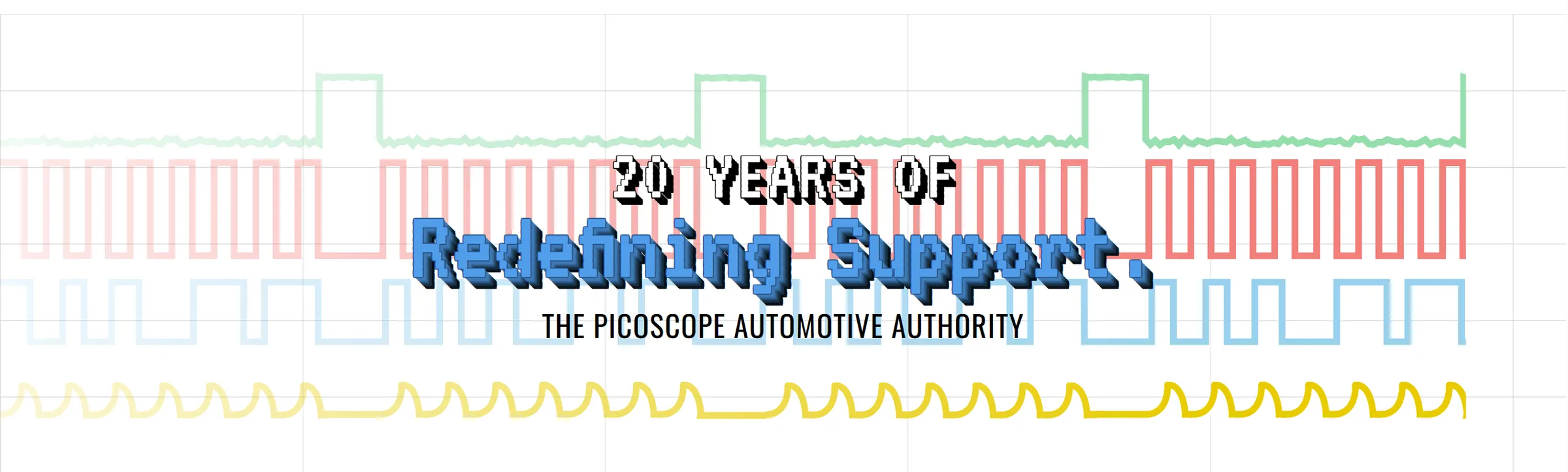 Promotional graphic celebrating 20 years of Redeeming Support for The Picoscope Automotive Authority, featuring colorful waveform patterns in green, red, blue, and yellow.
