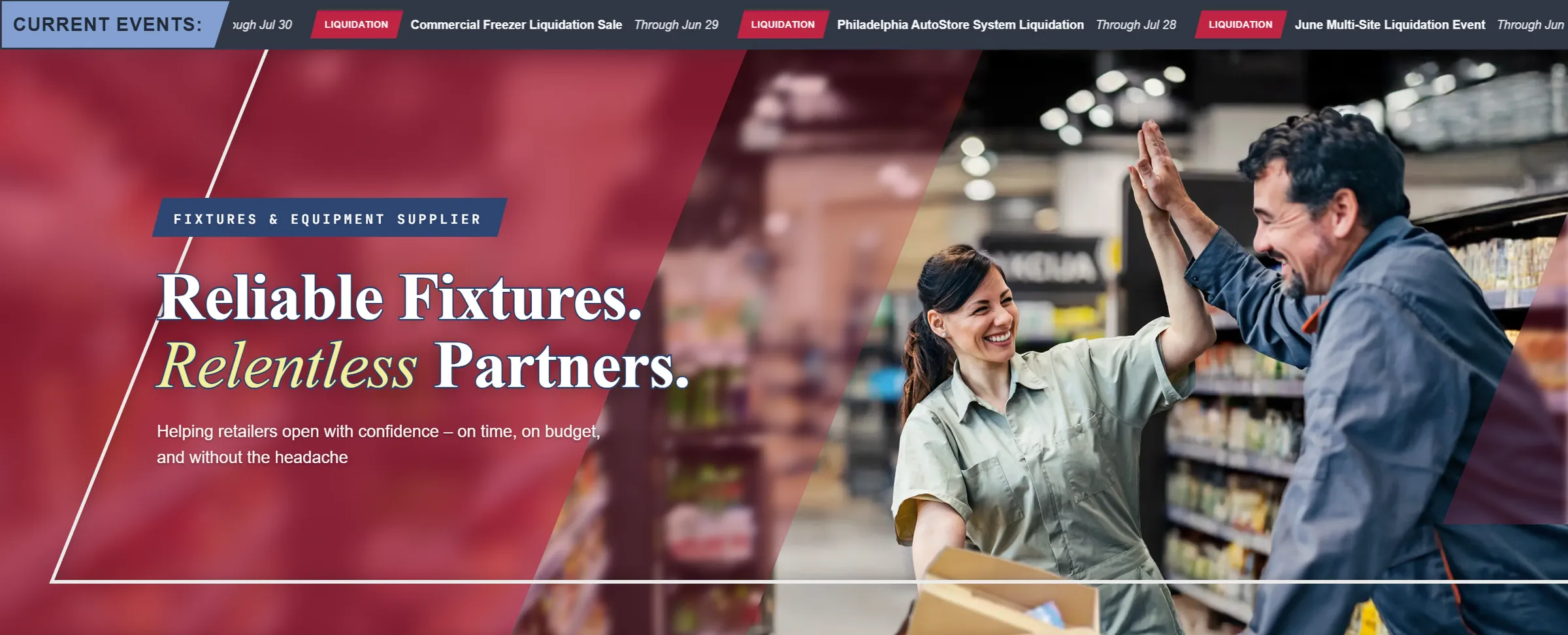 Two retail workers giving a high-five in a grocery store aisle with shelves of products. Promotional banner for fixtures and equipment supplier highlighting reliable service and relentless partnership for retailers.