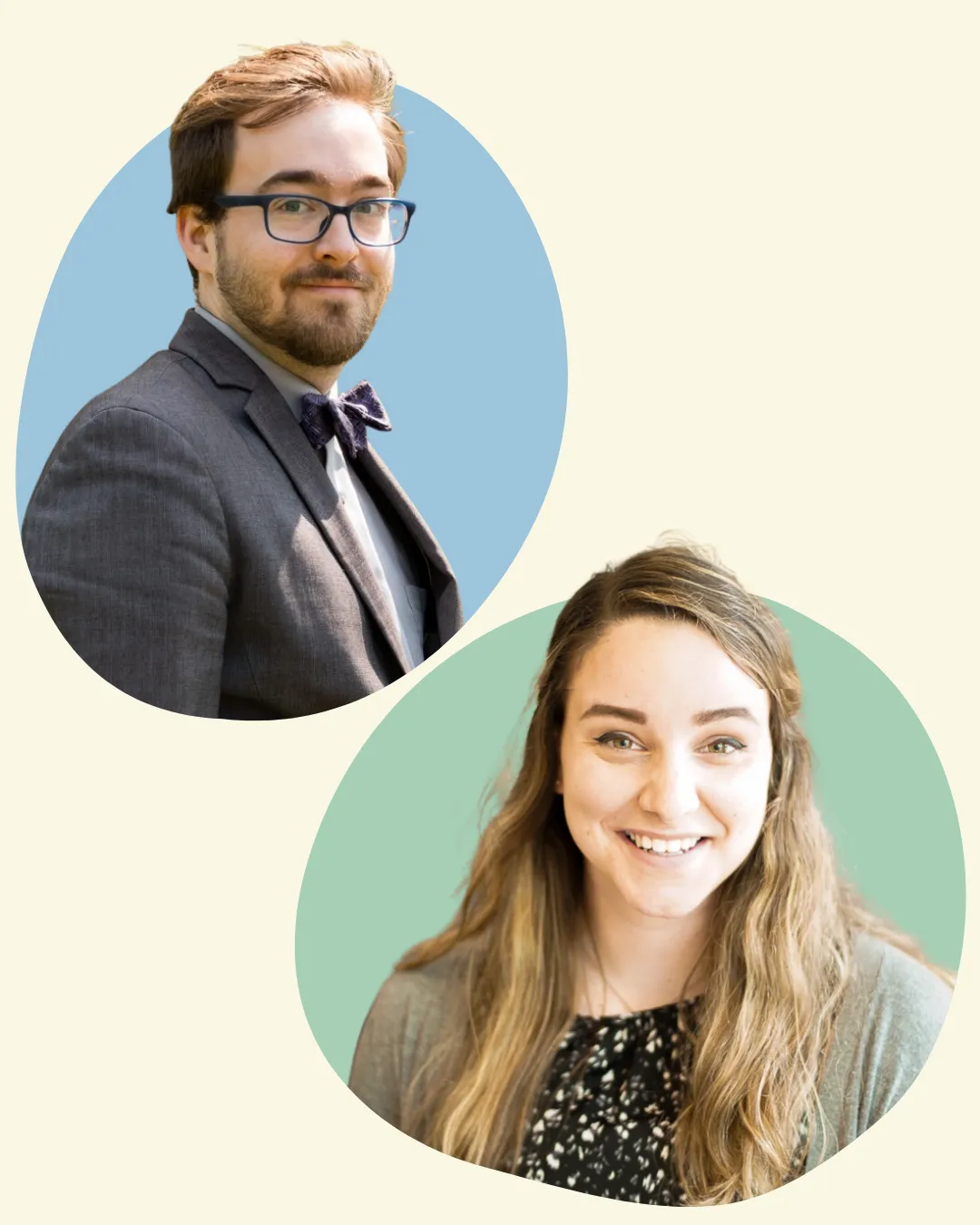 Professional portrait photographs of two people: a man with reddish-brown hair and glasses wearing a dark gray suit with purple bow tie against a blue background, and a woman with brown hair smiling at the camera wearing a gray cardigan and patterned blac